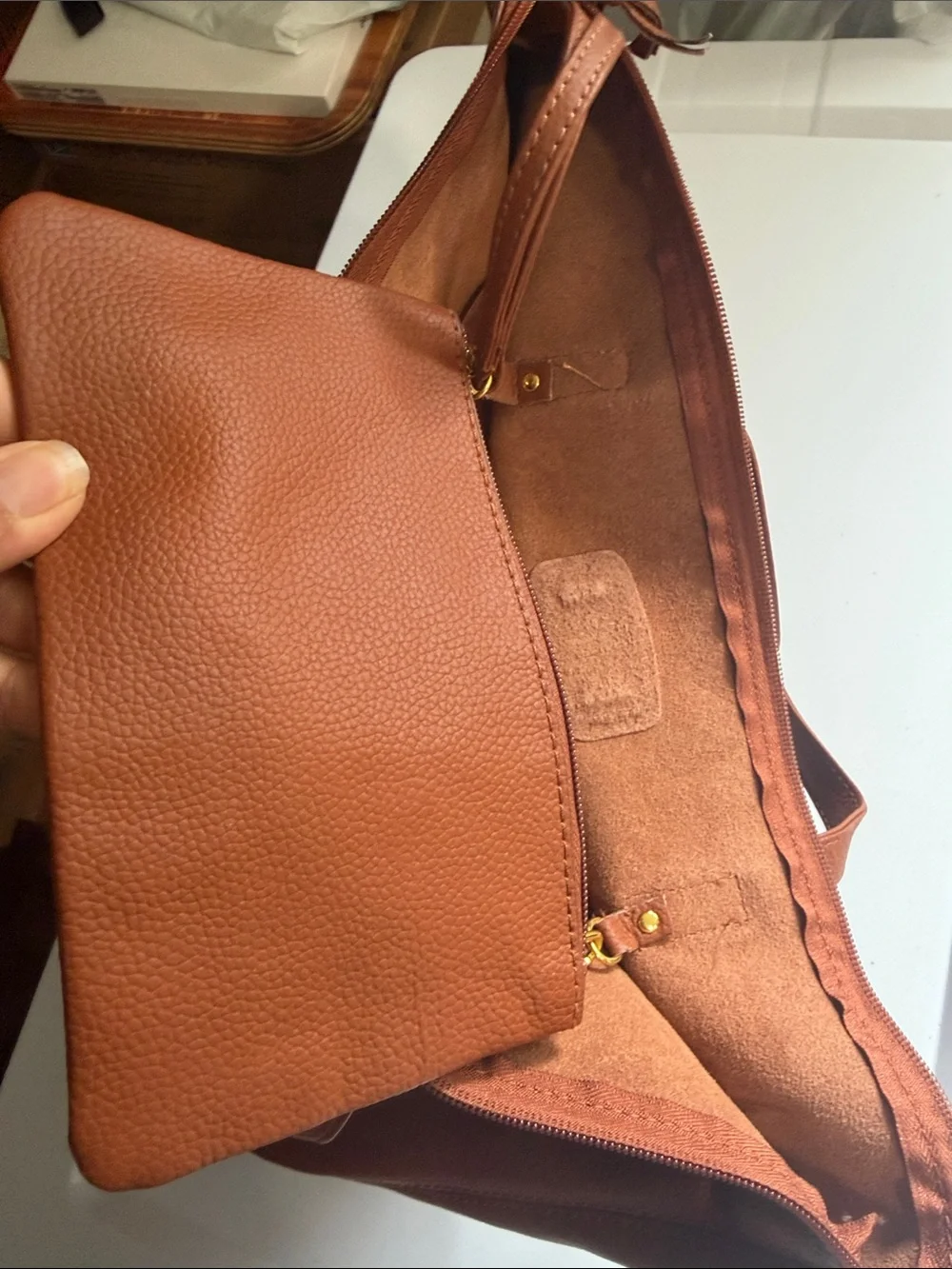 Joy Mangano Large Brown Tote Bag with Removable Pouch